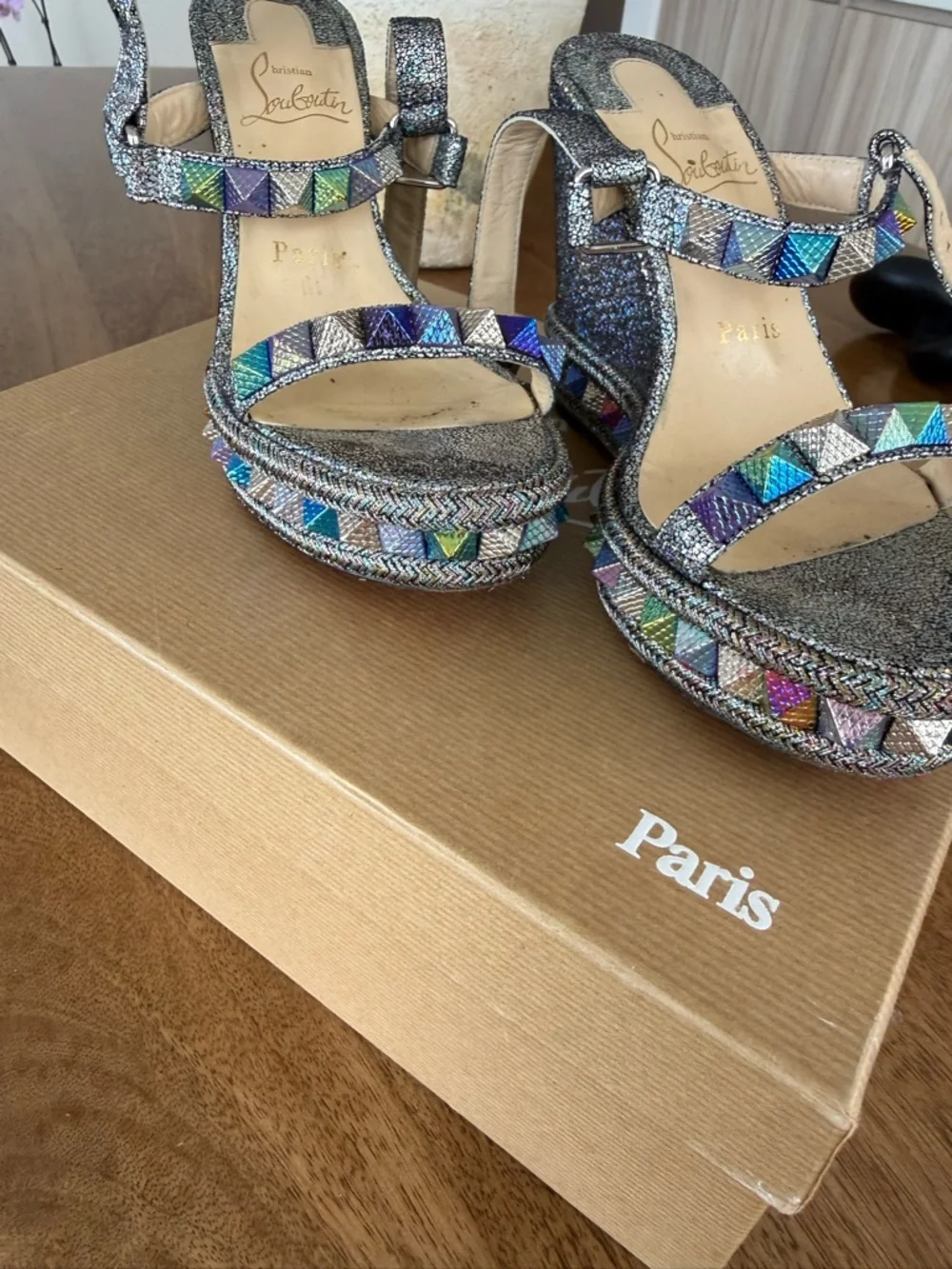 Christian Louboutin Metallic Multicolor Pyramid-Stud Platform Sandals - Picture 4 of 7
